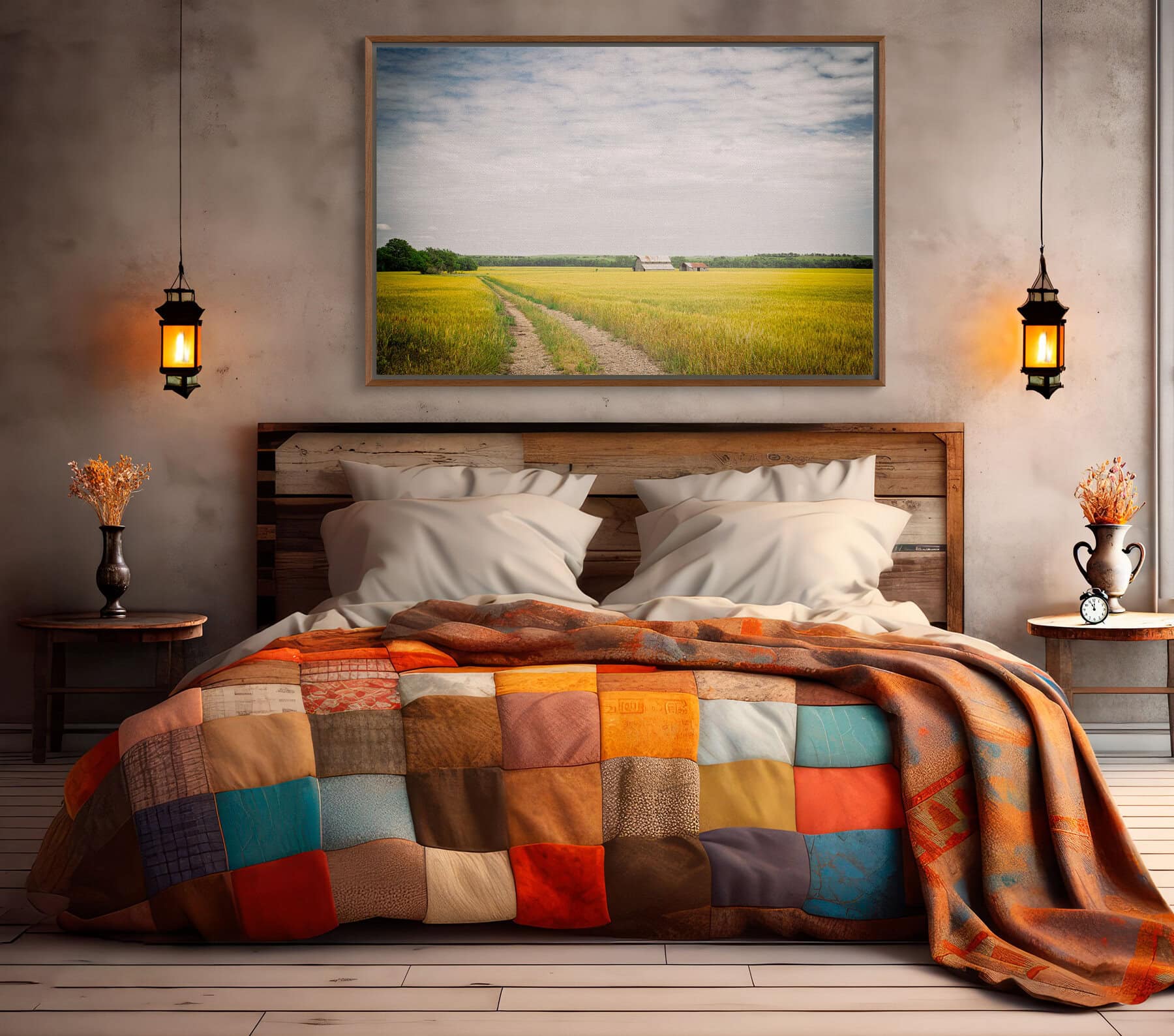 vintage farmhous wheat field and barn